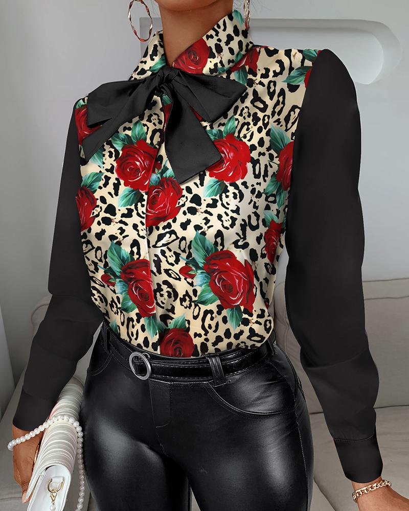 

Tie Neck Floral Leopard Print Long Sleeve Shirt, Multicolor