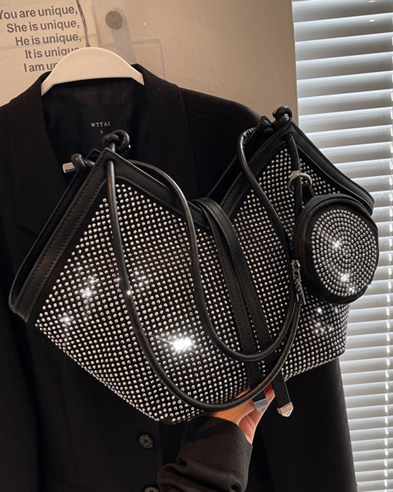 

Rhinestone Large Capacity Shoulder Bag, Silver