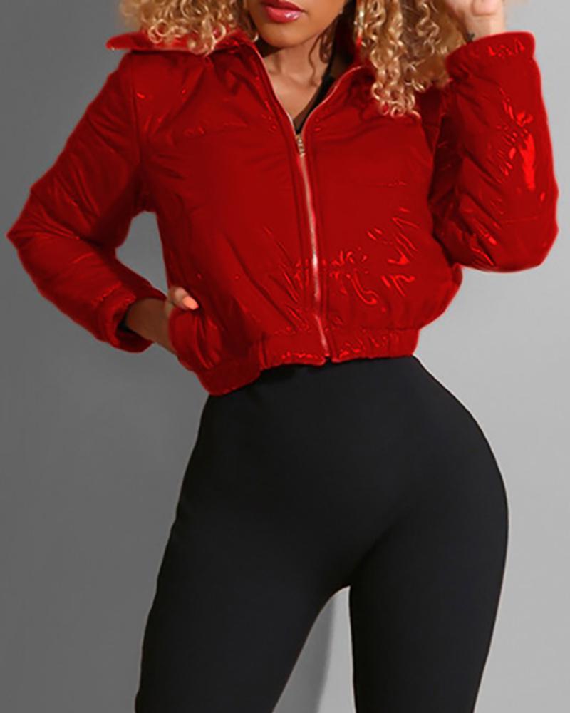 

Solid Turn-down Collar Zipper Design Long Sleeve Coat, Red