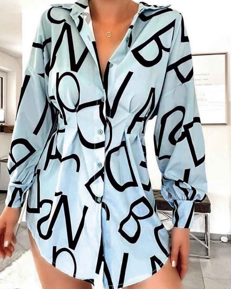 

Letter Print Button Design Casual Shirt Dress, Sky blue