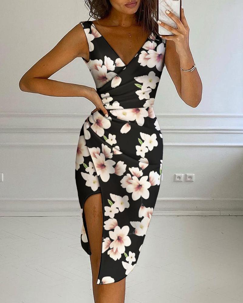 

V-neck Floral Print High Slit Ruched Wrap Dress, Black