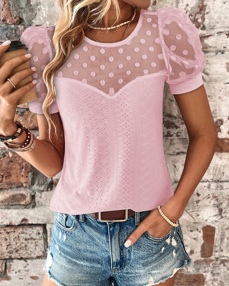 

Swiss Dot Puff Sleeve Eyelet Embroidery Top, Pink