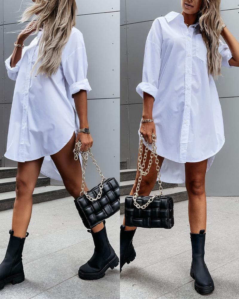 

Long Sleeve Button Down Shirt Dress, White