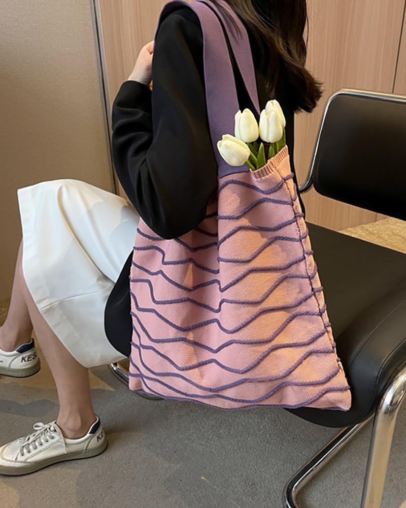 

Abstract Striped Large Capacity Knit Tote Bag, Pink
