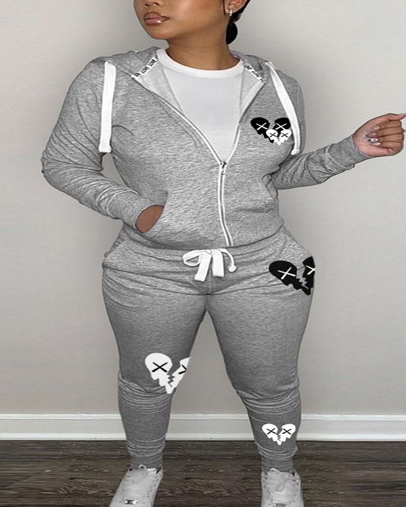 

Plus Size Heart Print Hooded Zip Up Top & Pants Set, Gray