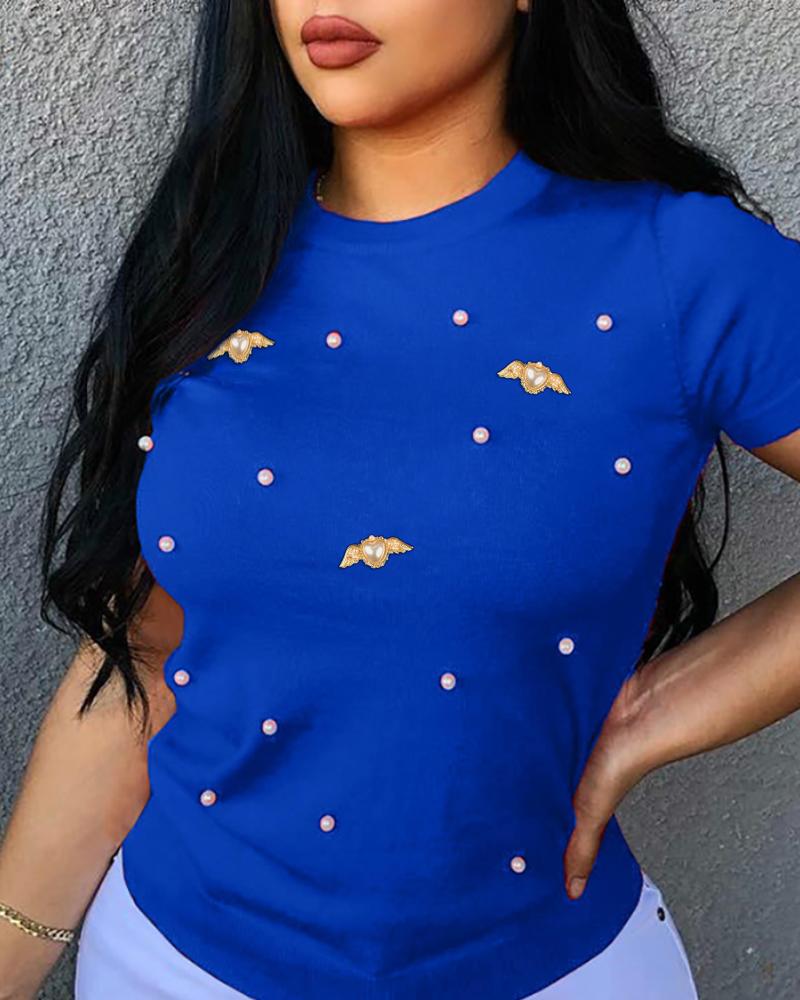 

Beaded Round Neck Short Sleeve T-Shirt Casual loose Fit Top, Blue