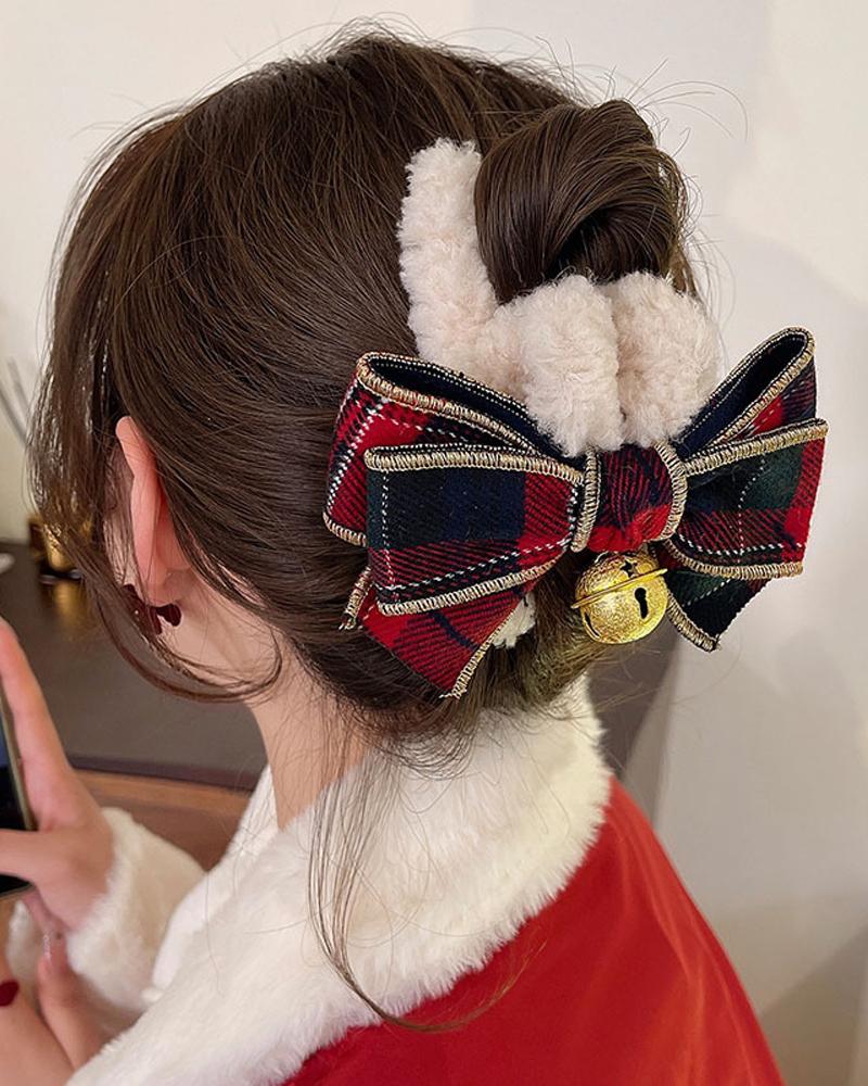 

1pc Christmas Plaid Bowknot Jingle Bell Decor Fluffy Hair Claw, Beige
