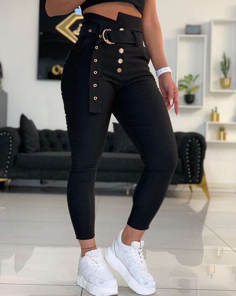 Pocket Design High Waist Pants With Belt