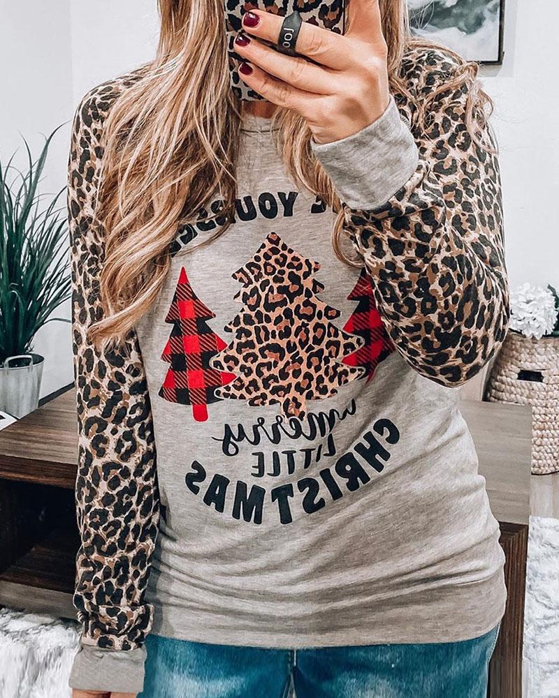 

Christmas Leopard Print Long Sleeve Casual Sweatshirt, Gray