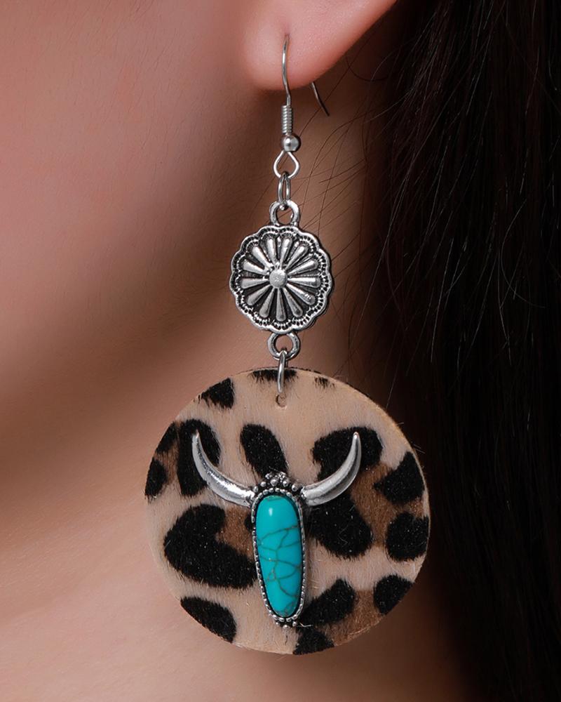 

1Pair Vintage Cowboy Cheetah Turquoise Ox Head Pattern Drop Earrings, Leopard