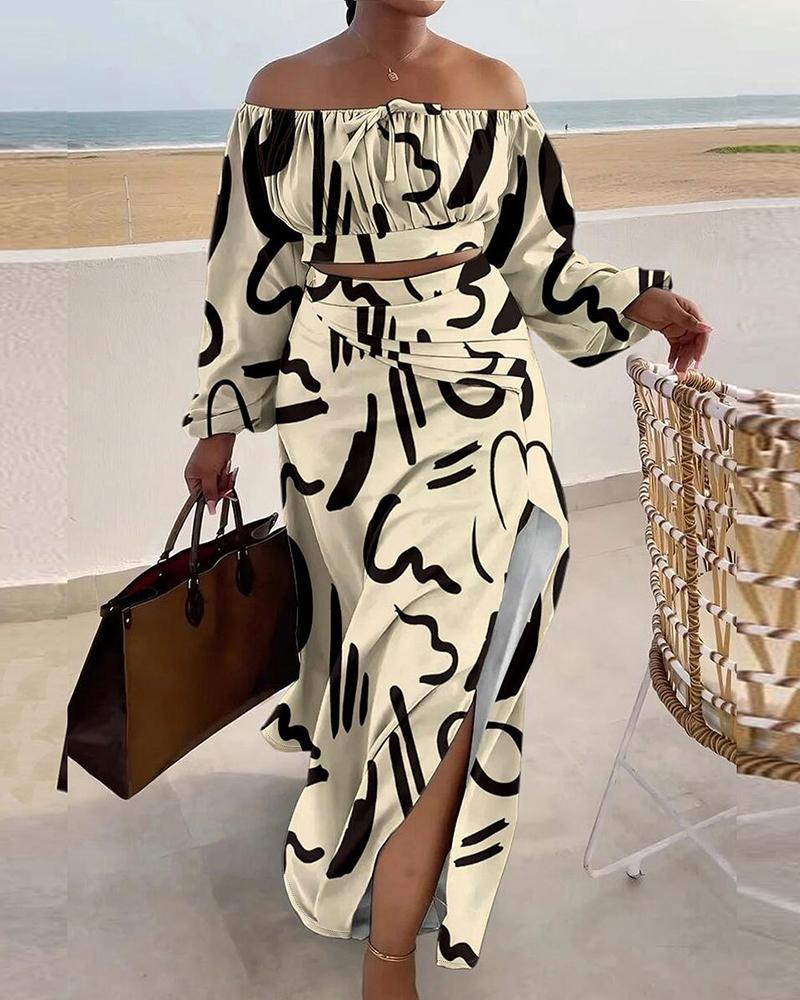 

Abstract Print Lantern Sleeve Top & Slit Skirt Set, Beige