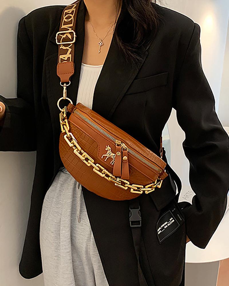 

PU Chain Decor Zip Front Fanny Pack, Brown