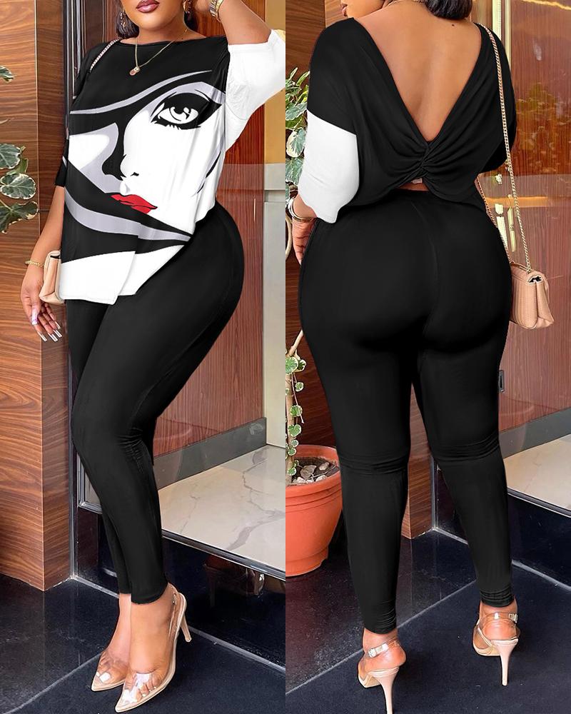 

Figure Print Twisted Backless Top & Pants Set, Black