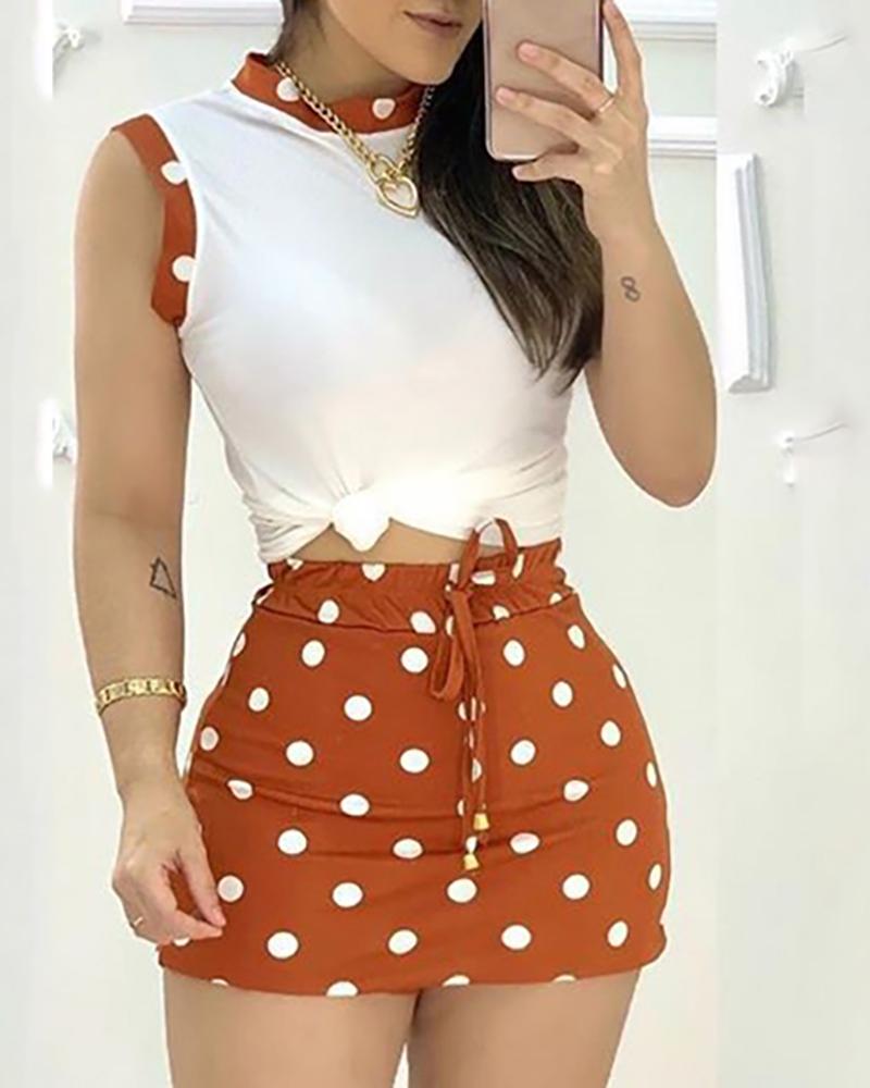 

Polka Dots Casual Tank Top & Mini Skirt Set, Coffee