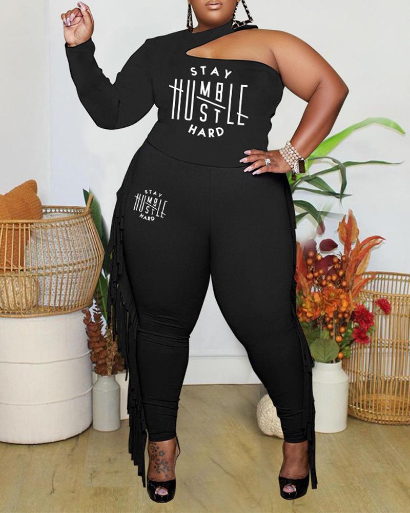 

Plus Size Letter Print Halter Top & Tassel Trim Pants Set, Black