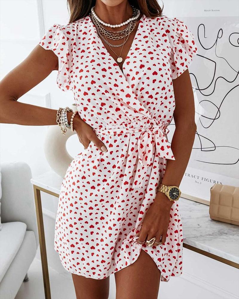 

Heart Print Flutter Sleeve Belted Casual Dress, Red