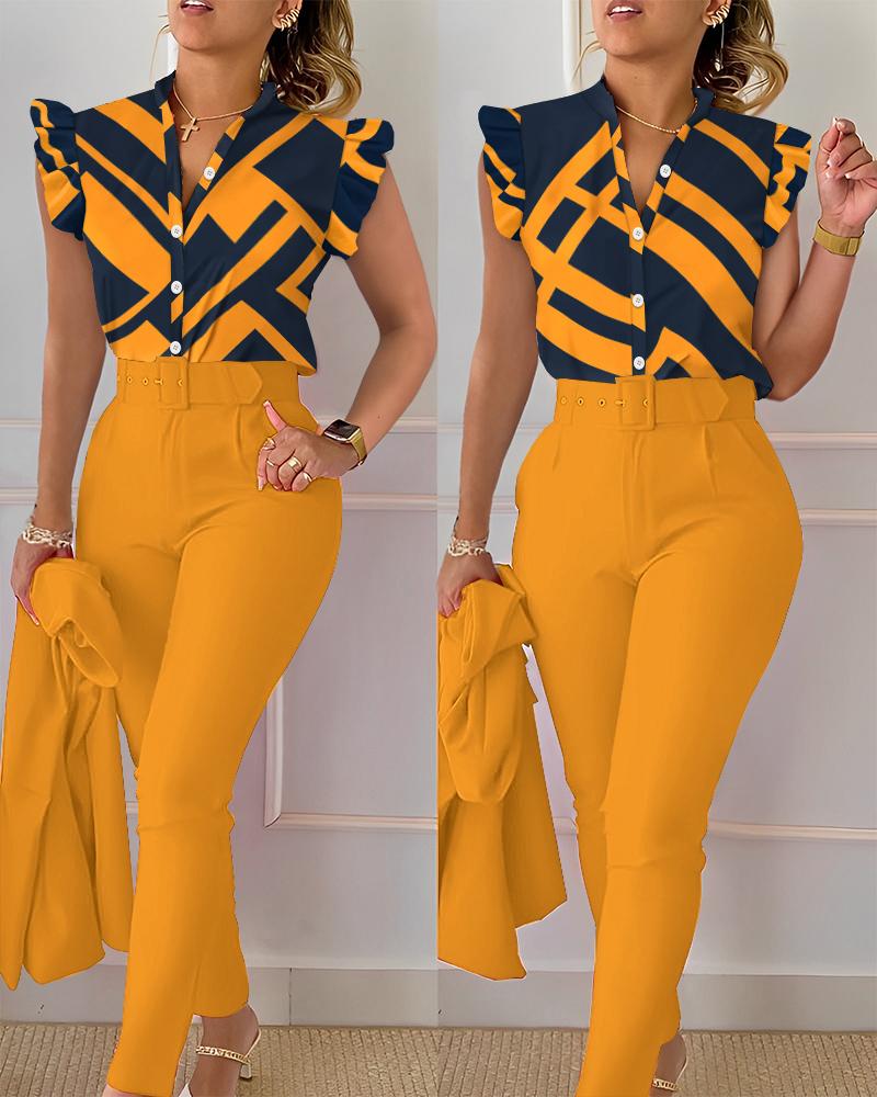 

Geometric Print Flutter Sleeve Top & Pants Set With Belt, Yellow