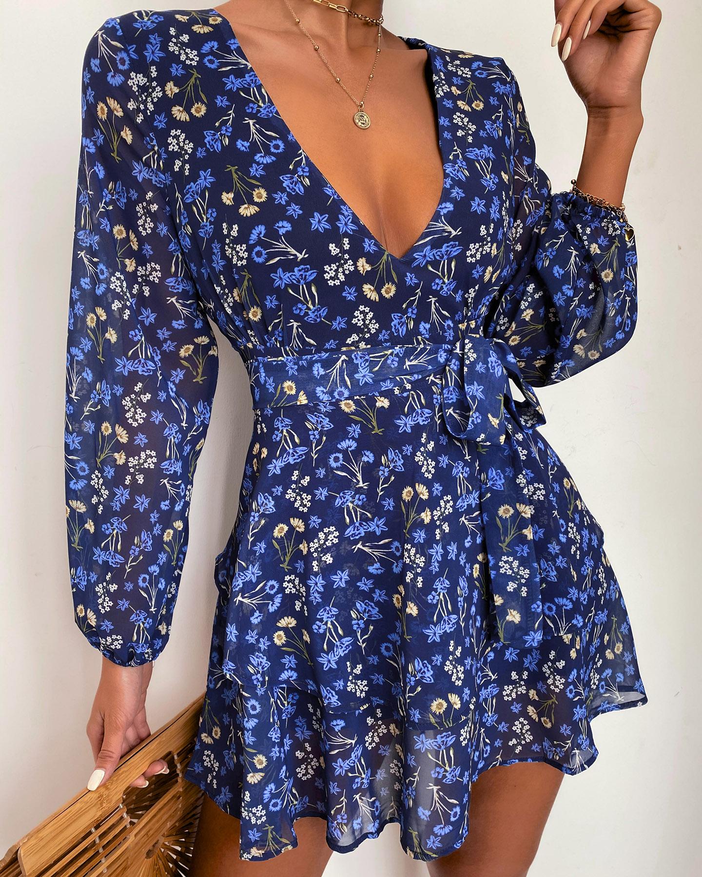 

Floral Print Long Sleeve Slim Waist Rompers, Black