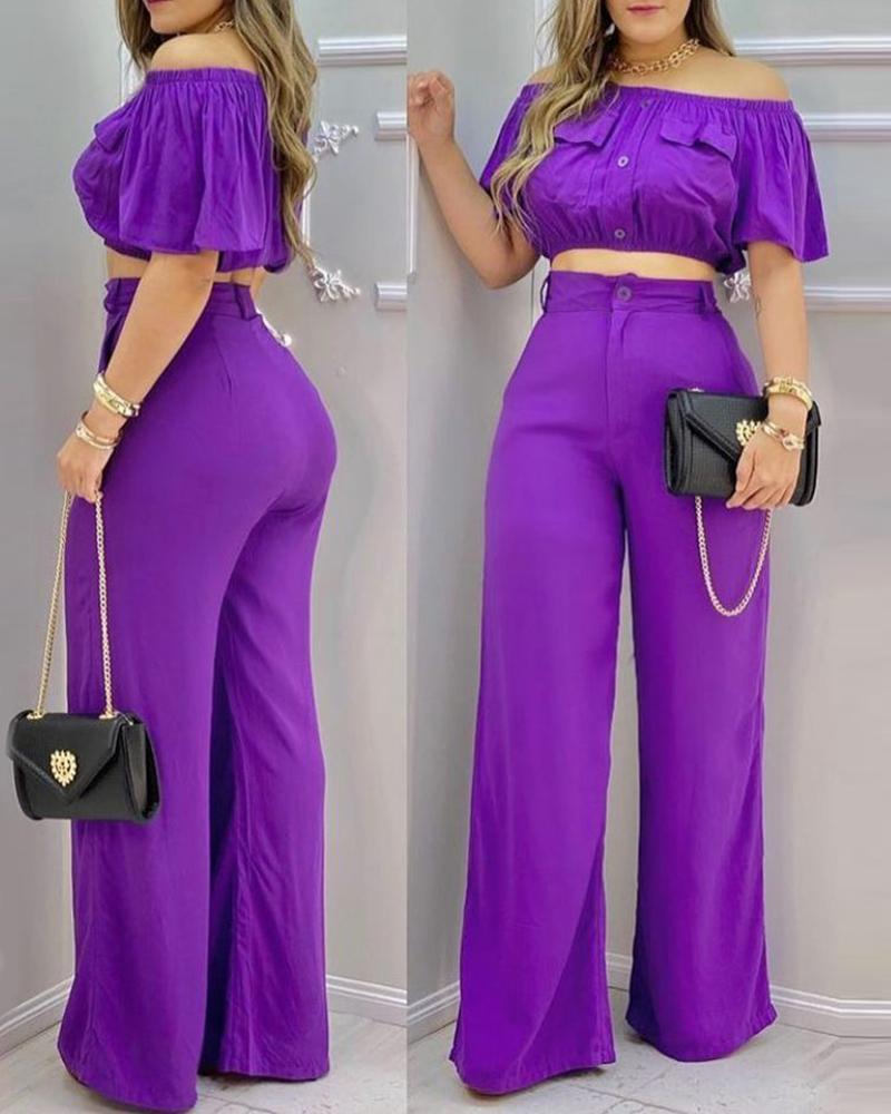 

Off Shoulder Buttoned Top & High Waist Pants Set, Purple