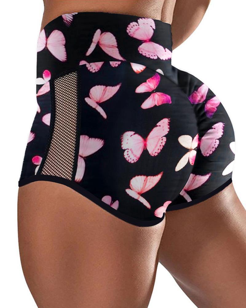 

Fishnet Patch Butterfly Print Scrunch Butt Lifting Yoga Shorts, Black