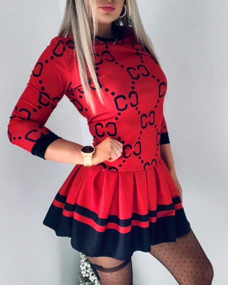 

Christmas Colorblock Long Sleeve Pleated Dress, Red