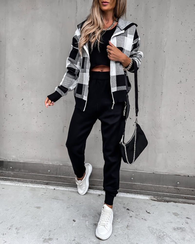 

Knit Tank Top & Pants Set With Plaid Print Hooded Coat, Black