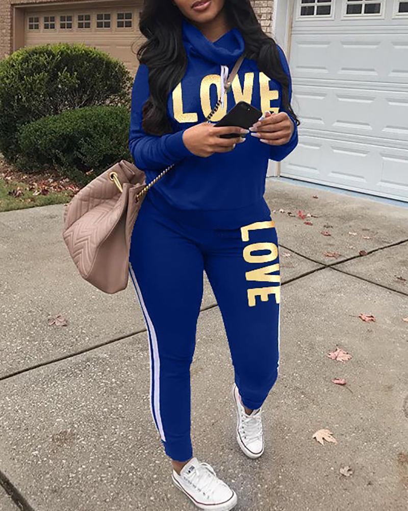 

Letter Print Long Sleeve Top & High Waist Pants Set, Blue