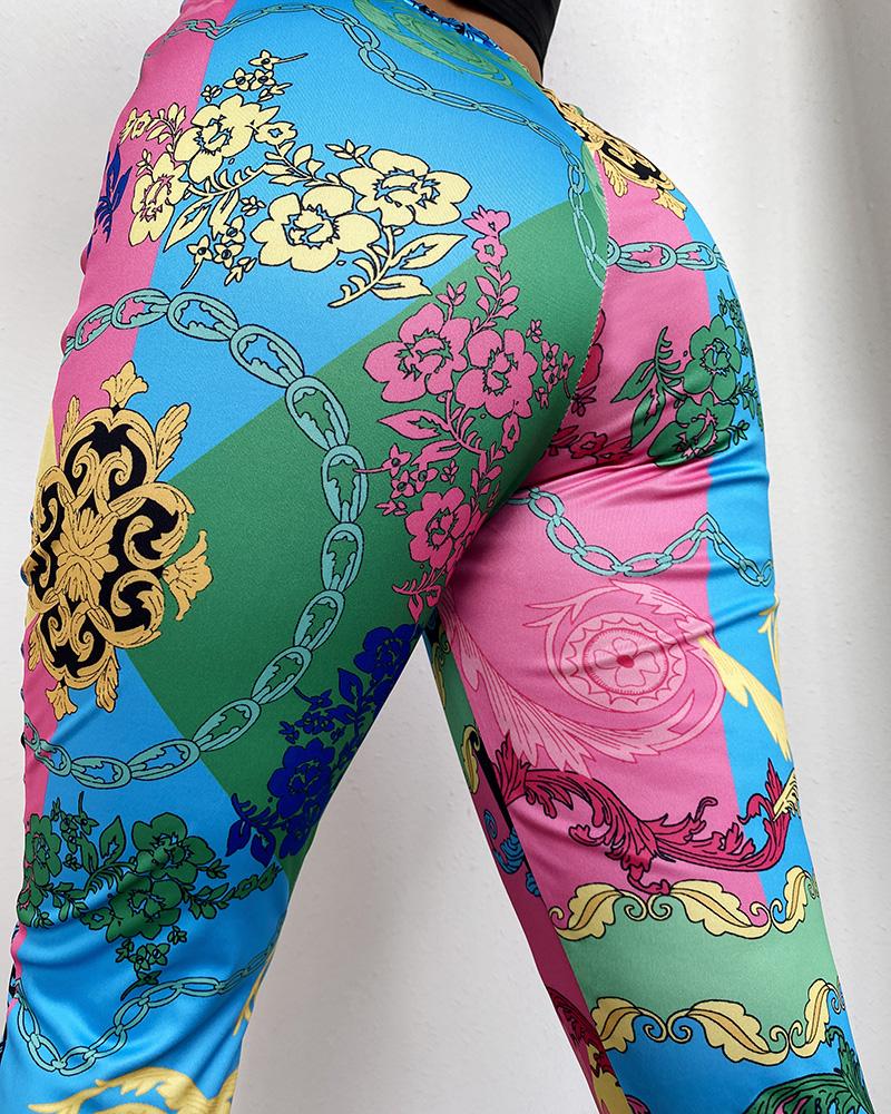 

Baroque Print Colorblock High Waist Pants, Pink