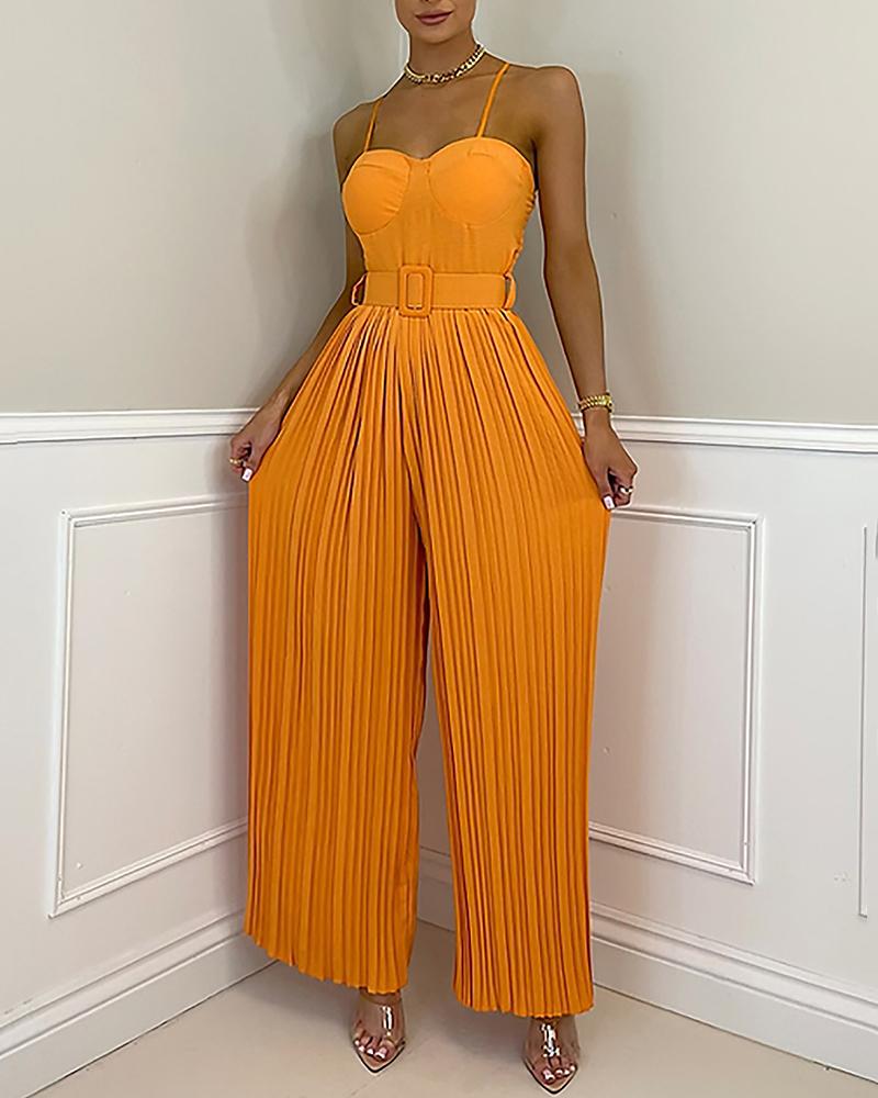 

Spaghetti Strap Pleated Wide Leg Jumpsuit, Orange