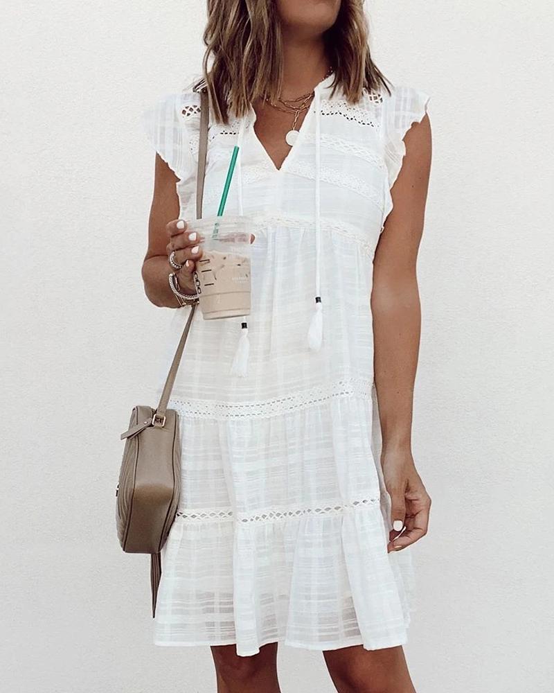 

Short Sleeve Lace Patch Tassel Design Casual Dress, White