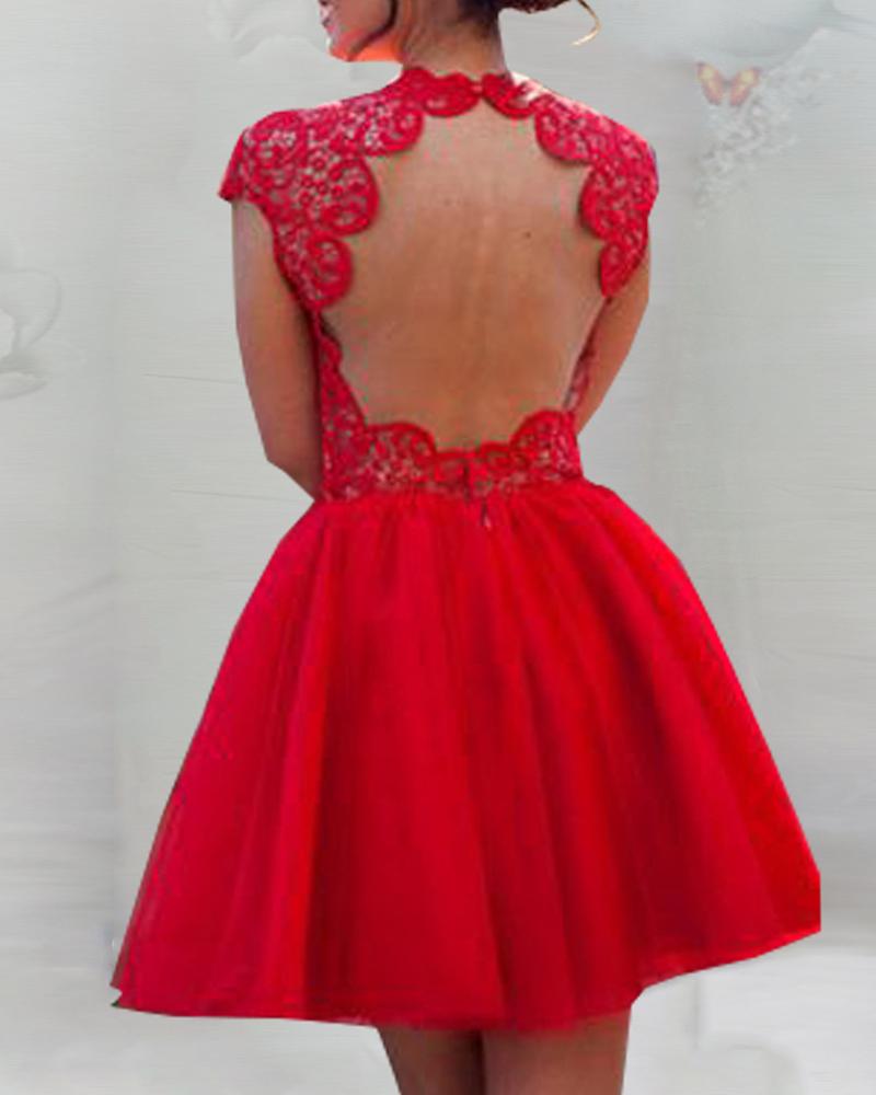 

Guipure Lace Backless Mesh Dress, Red