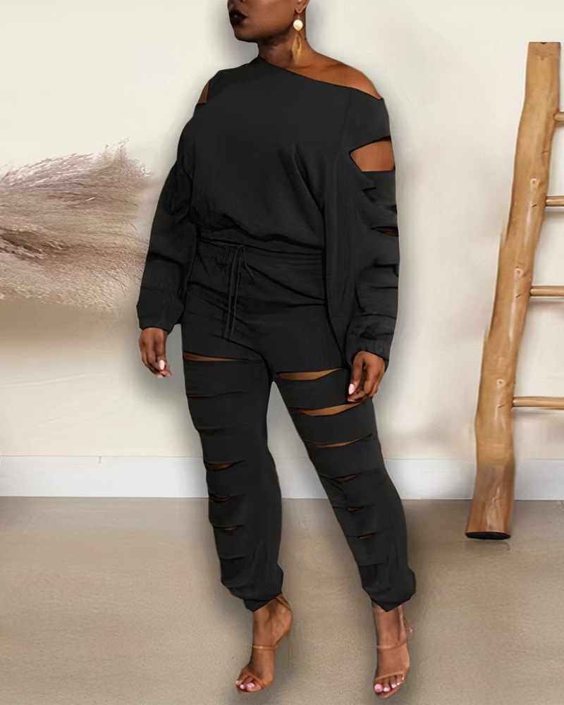 

Ladder Cutout Long Sleeve Top & Drawstring Pants Set, Black