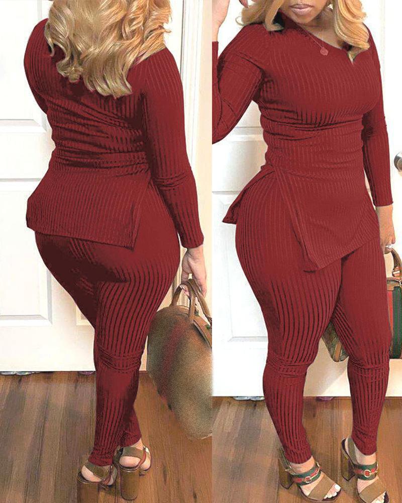 

Knit Slit Long Sleeve Top & Pants Set, Red