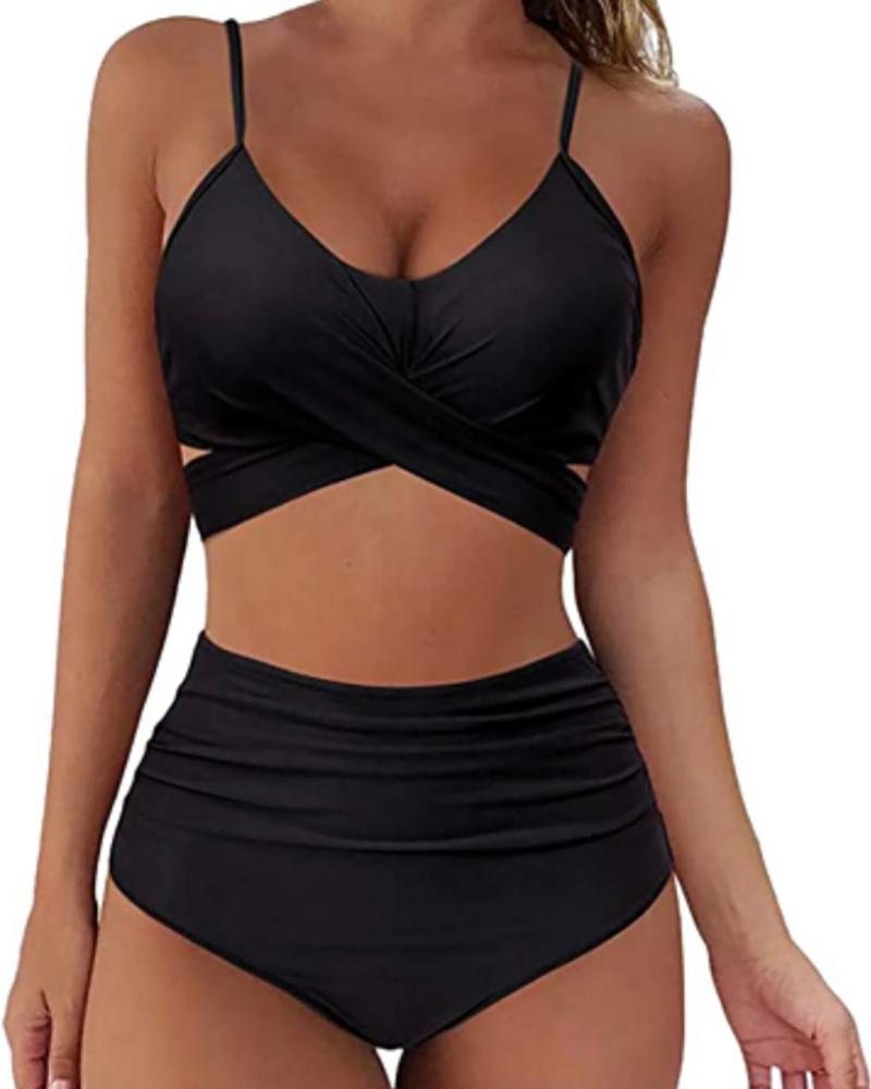 

V-Neck Sleeveless Cross Front Bikini Set, Black