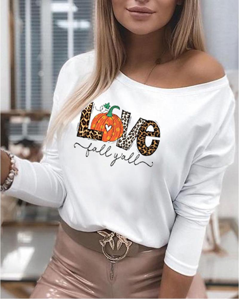 

Halloween Letter Pumpkin Print Long Sleeve Top, White