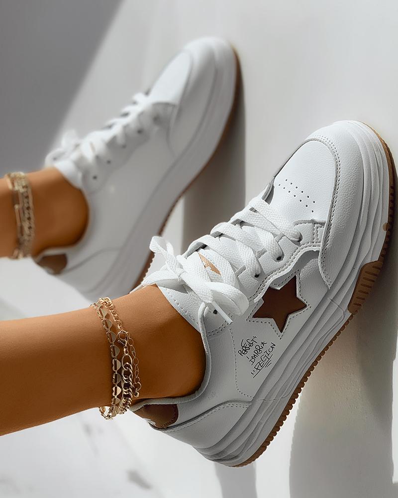 

Lace-up Front Star Letter Print Sneakers, Khaki