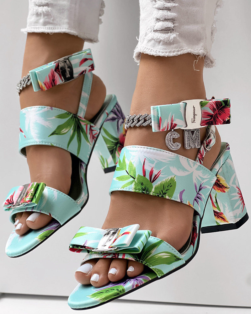

Tropical Print Bowknot Decor Chunky Heel Sandals, Green