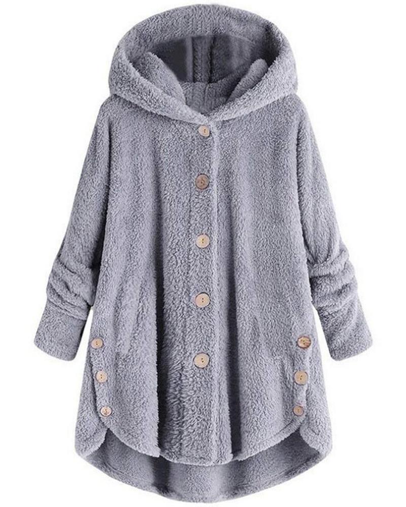 

Long Sleeve Button Design Hooded Teddy Coat, Light gray