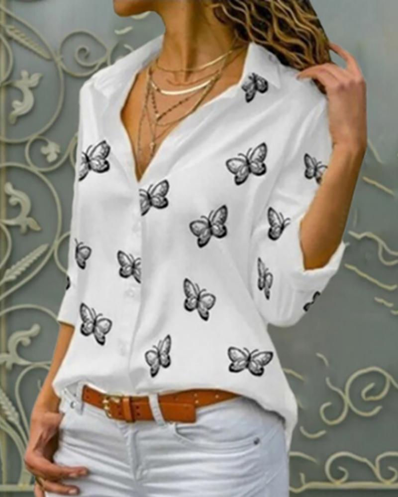 

Butterfly Print Button Design Blouse, White