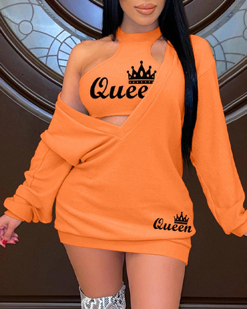 

Letter Crown Print Sweatshirt Dress With Crop Tank Top, Orange