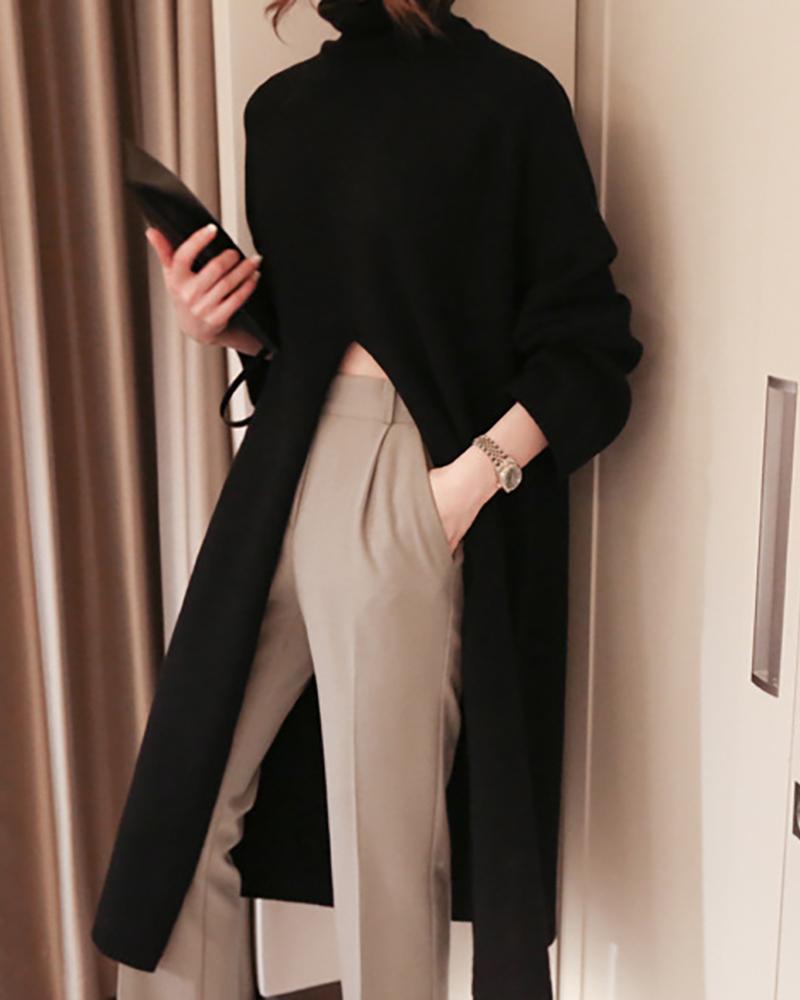 

Long Sleeve High Slit Knit Longline Sweater, Black
