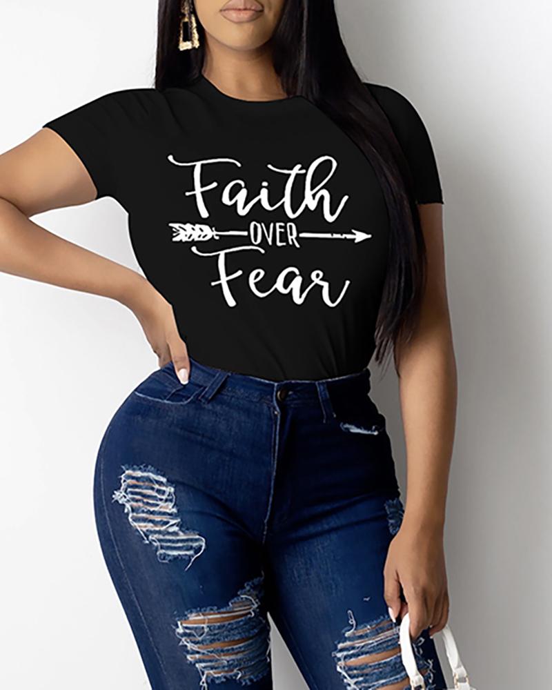

Letter Print Short Sleeve Casual T-shirt, Black