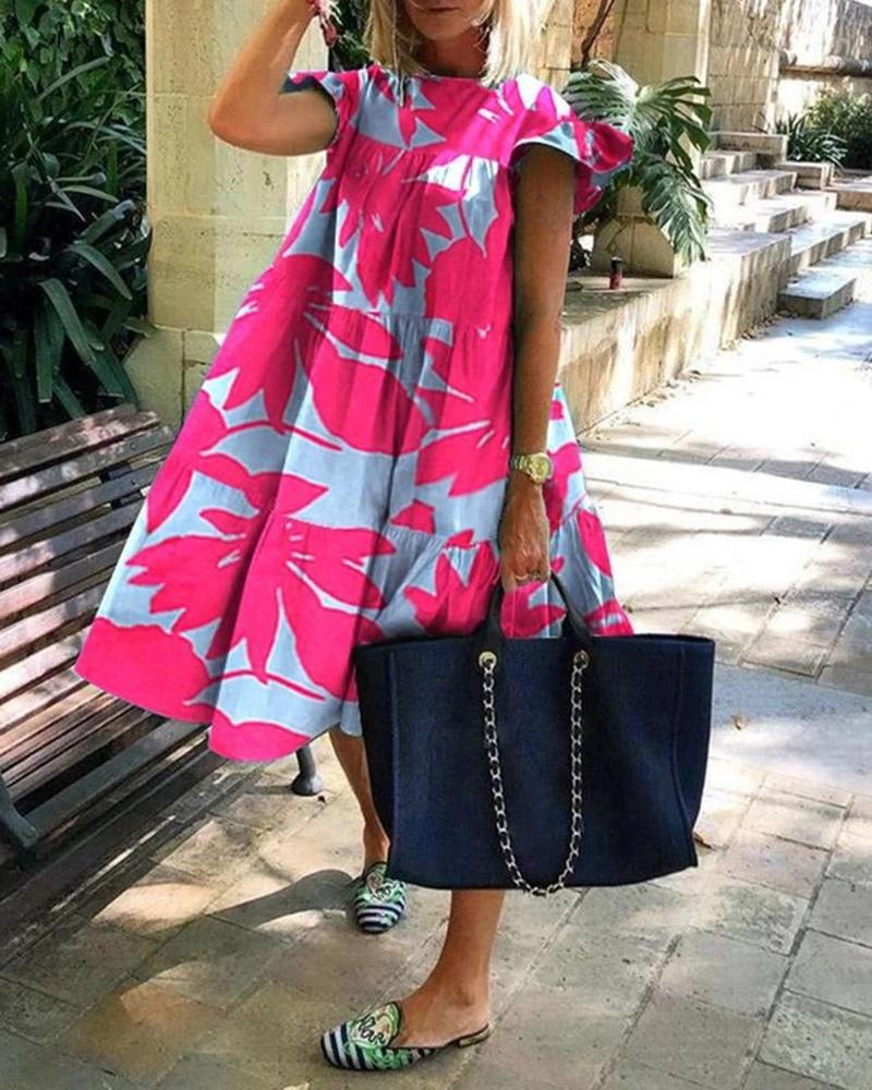 

Daisy / Butterfly / Tie Dye Print Ruched Ruffles Dress, Hot pink