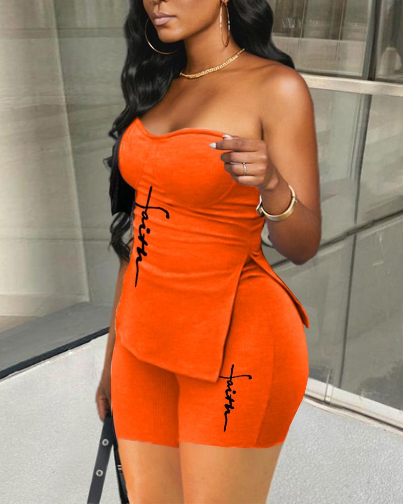 

Letter Print Slit Hem Tube Top & Shorts Set, Orange