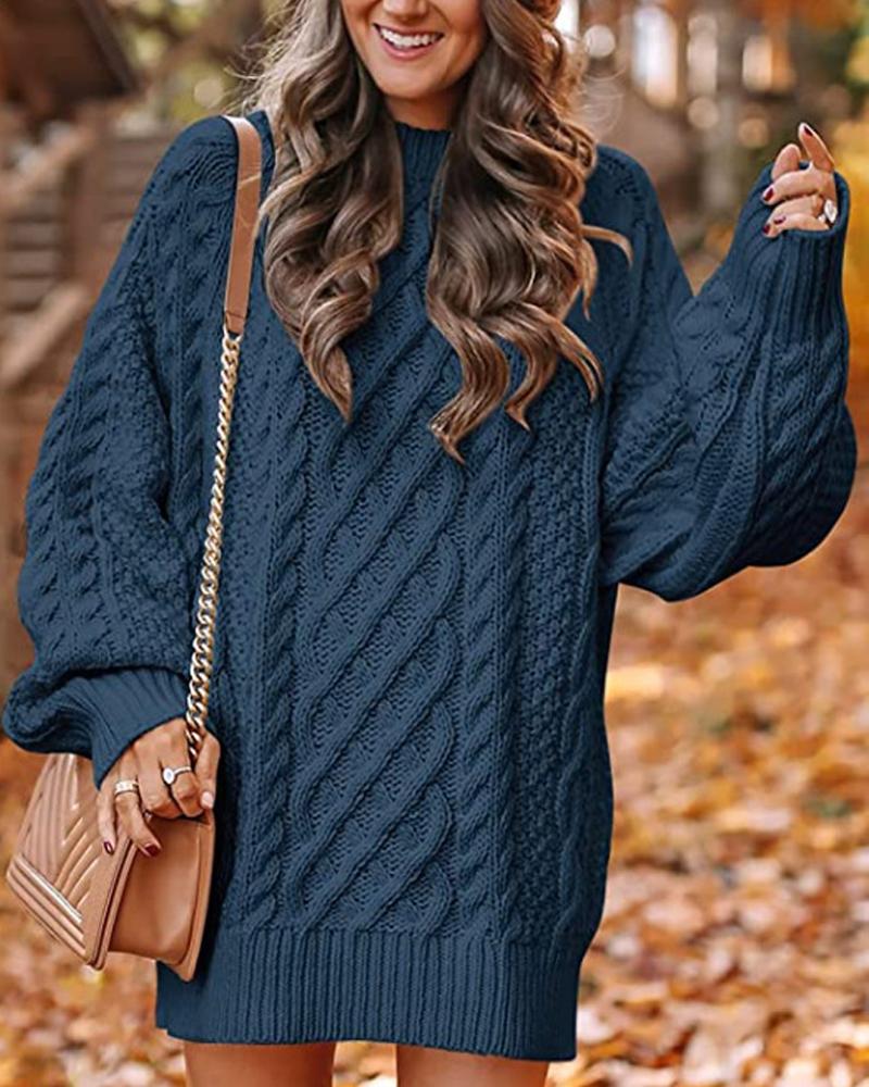 

Lantern Sleeve Cable Knit Sweater Dress, Blue