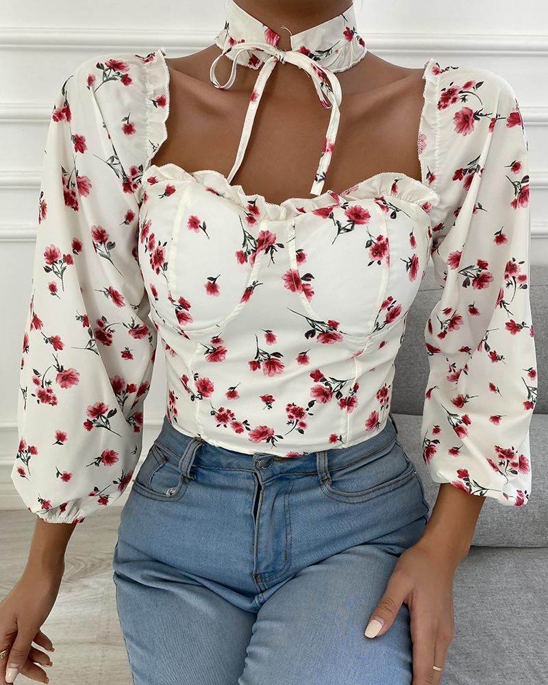 

Off Shoulder Ditsy Floral Print Lantern Sleeve Blouse, Multicolor