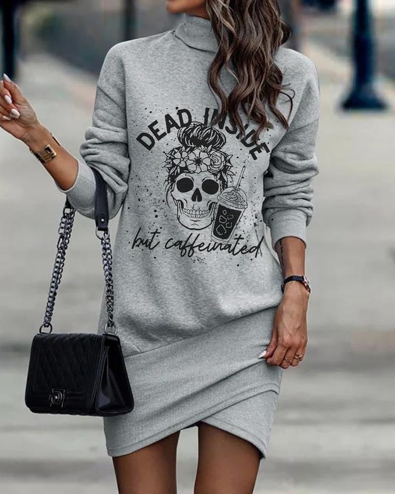 

Halloween Skull Print High Neck Long Sleeve Dress, Gray