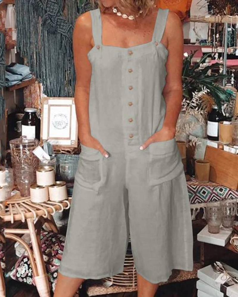 

Button Front Pocket Design Suspender Romper, Light gray