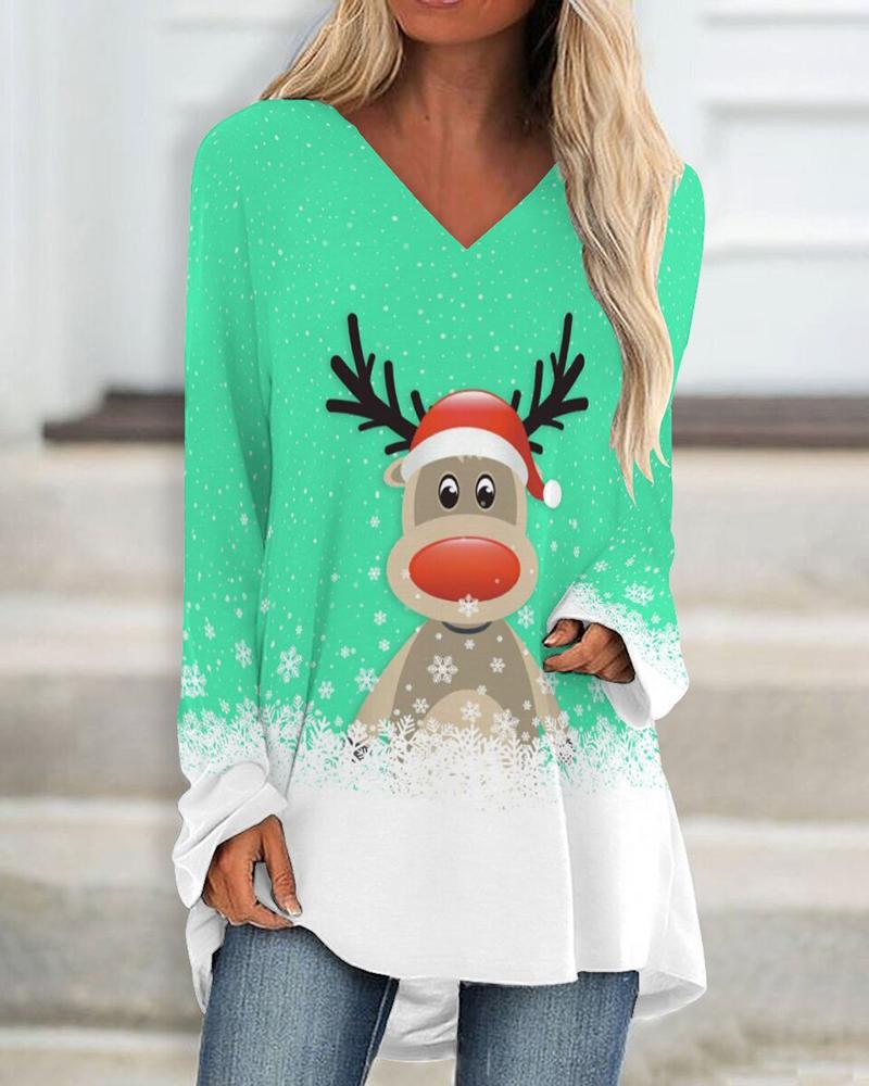 

Christmas V-Neck Elk Snowflake Print Top, Light green