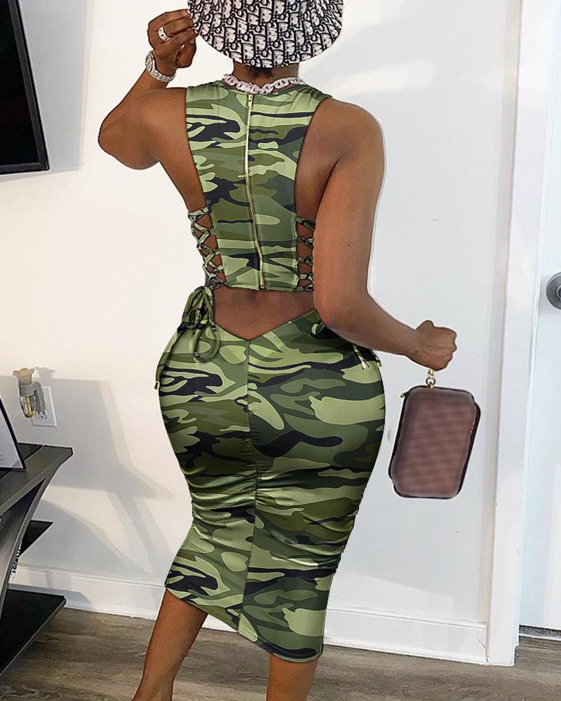 

Camo Print Lace-up Cutout Back Bodycon Dress, Camoflage